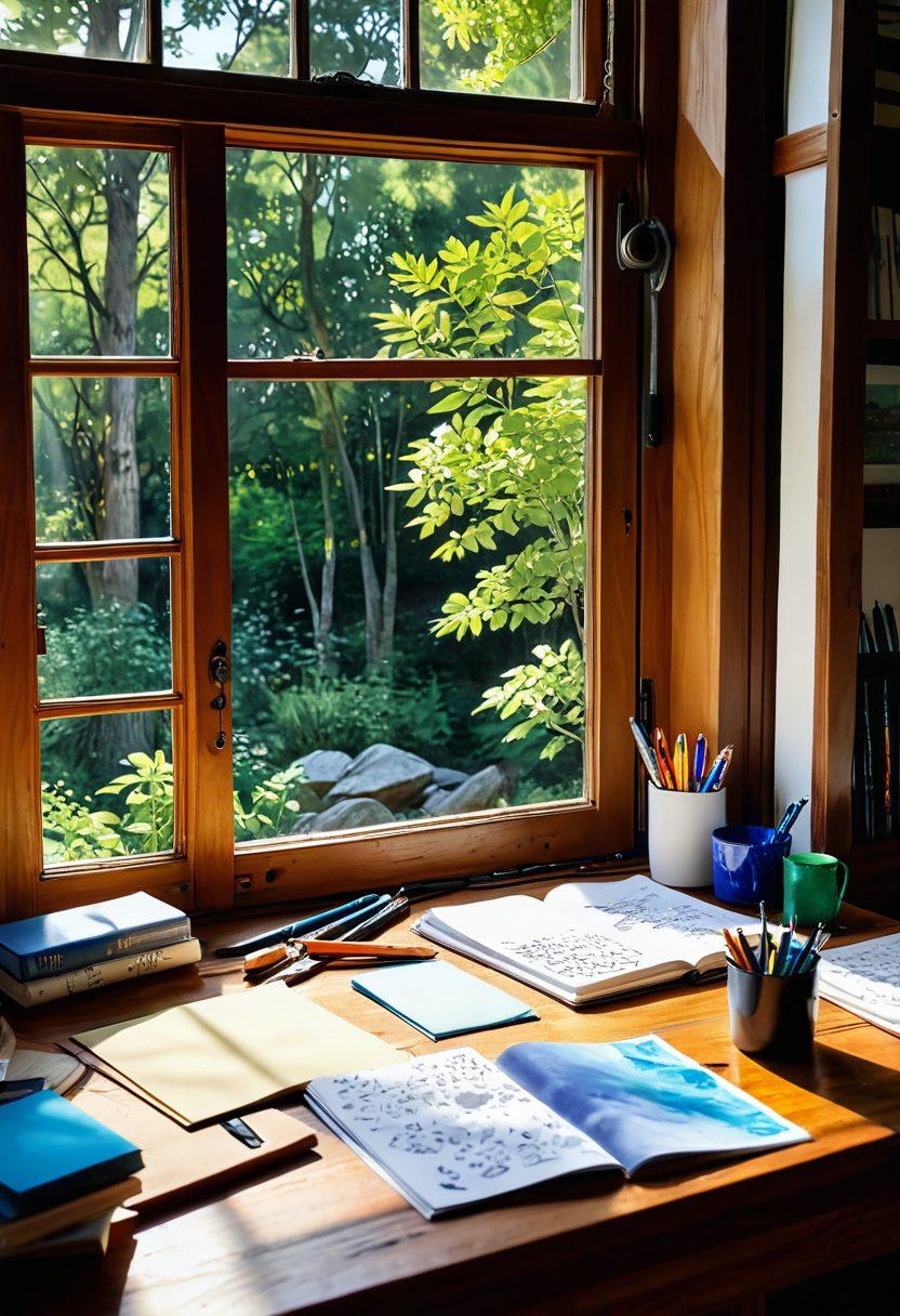 A vibrant digital journal open on a wooden desk, filled with colorful sketches and handwritten notes. Surrounding it are art supplies like markers and paintbrushes, symbolizing creativity. In the background, a calming window view reveals a bright sky and green trees, inspiring reflections and thoughts. Soft sunlight filters through, casting a warm glow over the scene. watercolor style. vibrant colors. natural lighting.