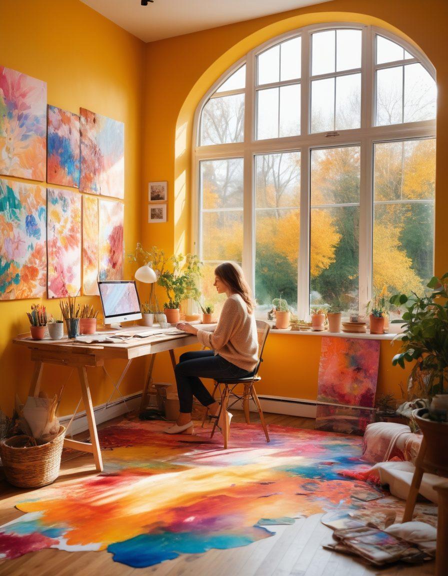 A vibrant studio with an artist at work, surrounded by colorful canvases reflecting their thoughts and emotions. The walls are adorned with quotes about blogging and creativity, and a window showcases a sunny landscape that inspires reflection. Create a visual flow of ideas transforming into art, symbolizing the connection between blogging and self-expression. Bright colors, soft brushes, and an inviting atmosphere to evoke inspiration. super-realistic. vibrant colors. warm lighting.